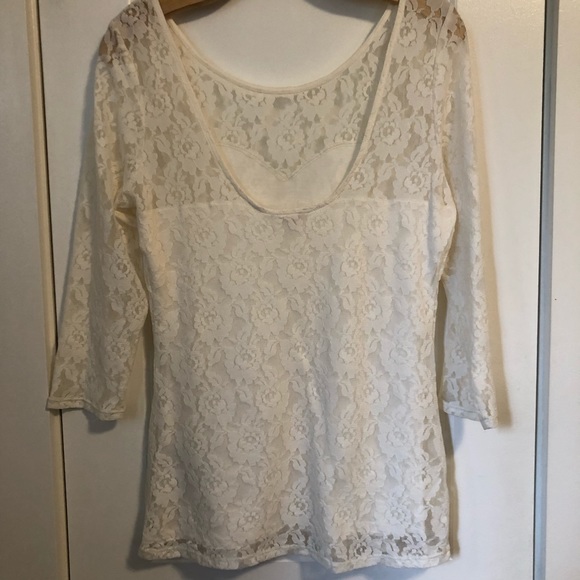 GUESS Cream Lace Long Sleeve Shirt with Scoop Back - Picture 2 of 8